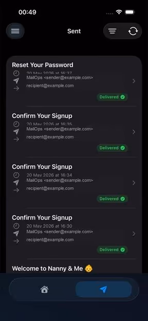 MailOps sent email activity list